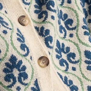 Anthropologie Cream Cardigan with Blue and Green Floral Jacquard Small